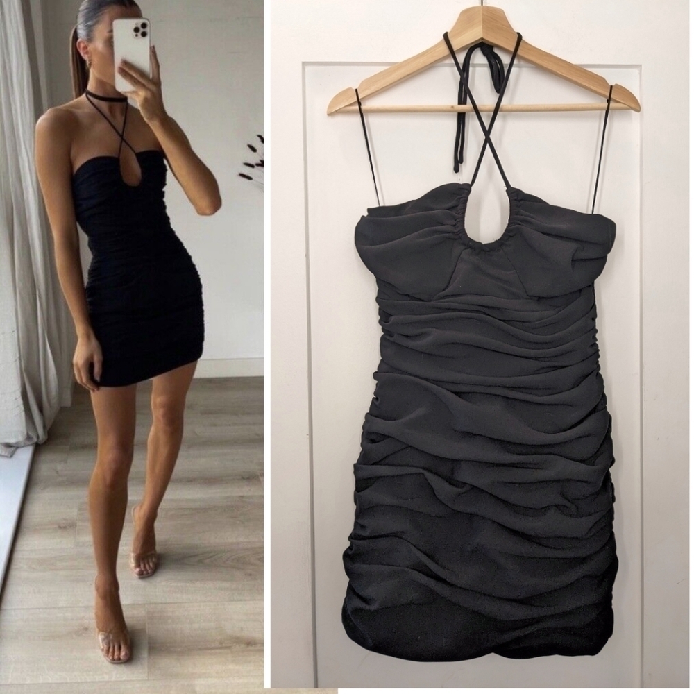 NEW! Zara | Ruched halter mini dress in black